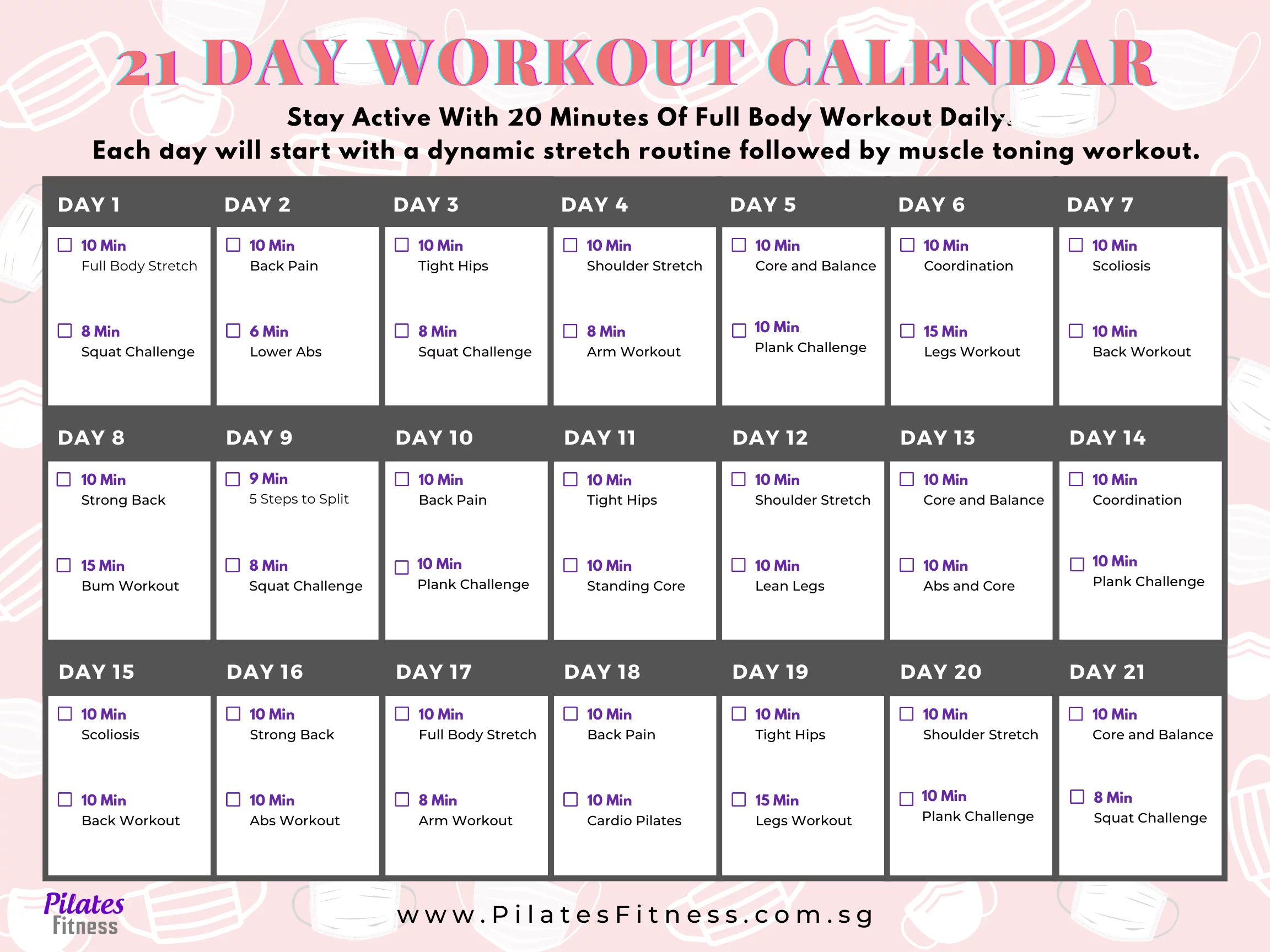21 Day Full Body Workout Calendar - FREE Mat Pilates Online